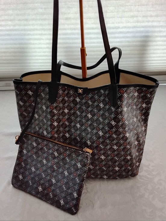 Sam Edelman Handbags - Sam Edelman Harper Monogram Shopper Tote Bag with Pouch - Black/Brown